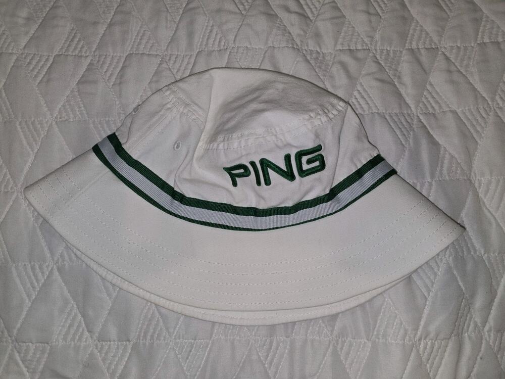 PING Golf Bucket Hat White Green Striped Ribbon Sun Cap Size S/M 100% Cotton